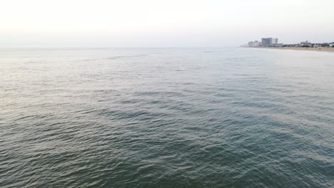 Verschiedene-Delfine-Tauchen-Im-Meer-Auf,-Im-Hintergrund-Die-Skyline-Von-Virginia-Beach