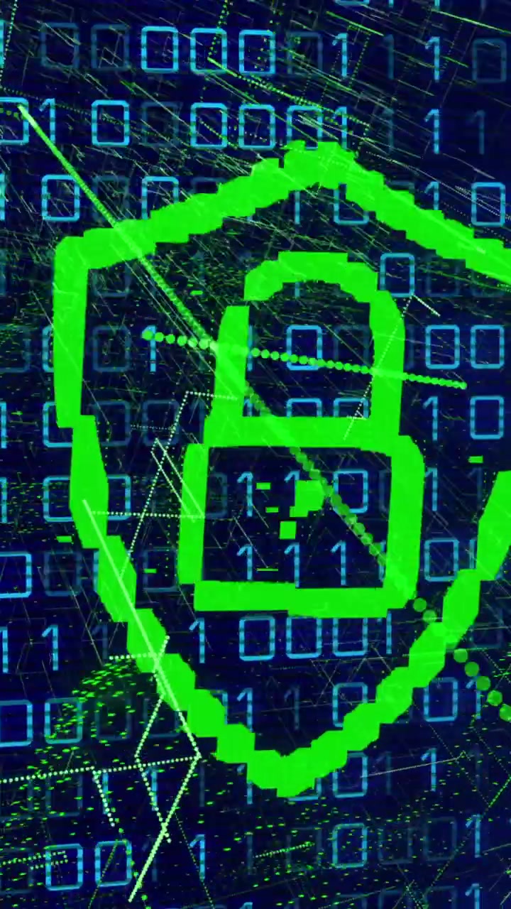 Animation of green lock icon, abstract pattern on digital interface with binary codes