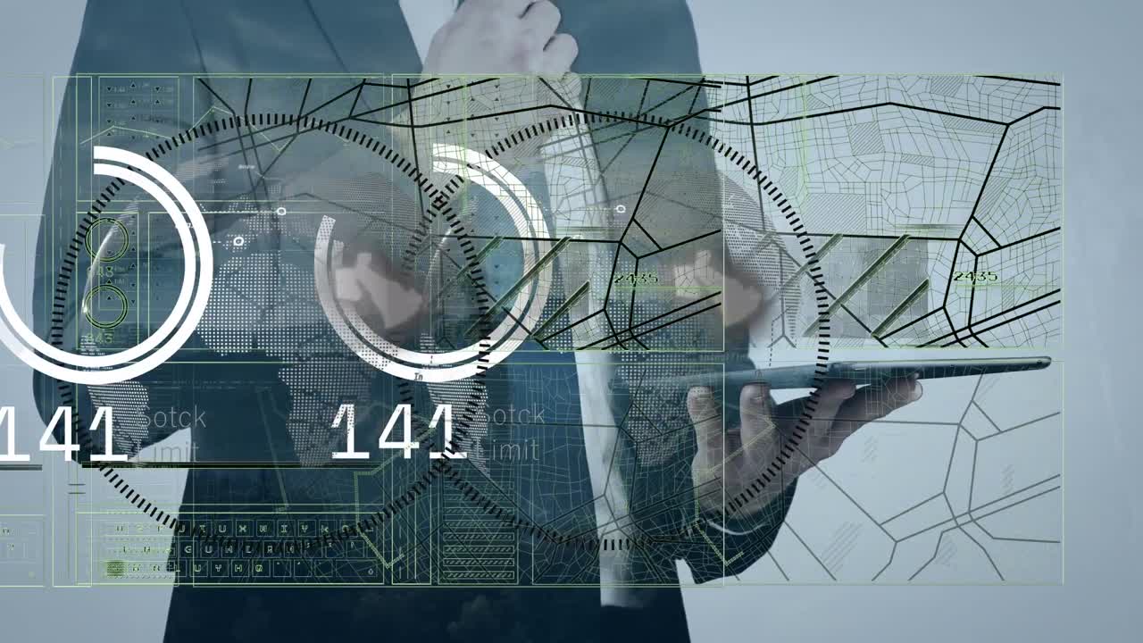 animación del procesamiento de datos sobre el hombre usando una tableta