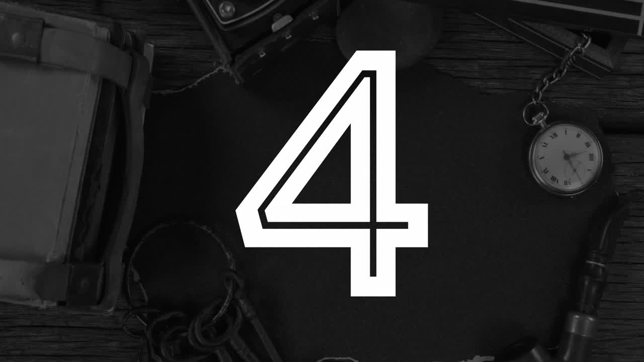 Animation of countdown from ten to one over vintage watch and travel items