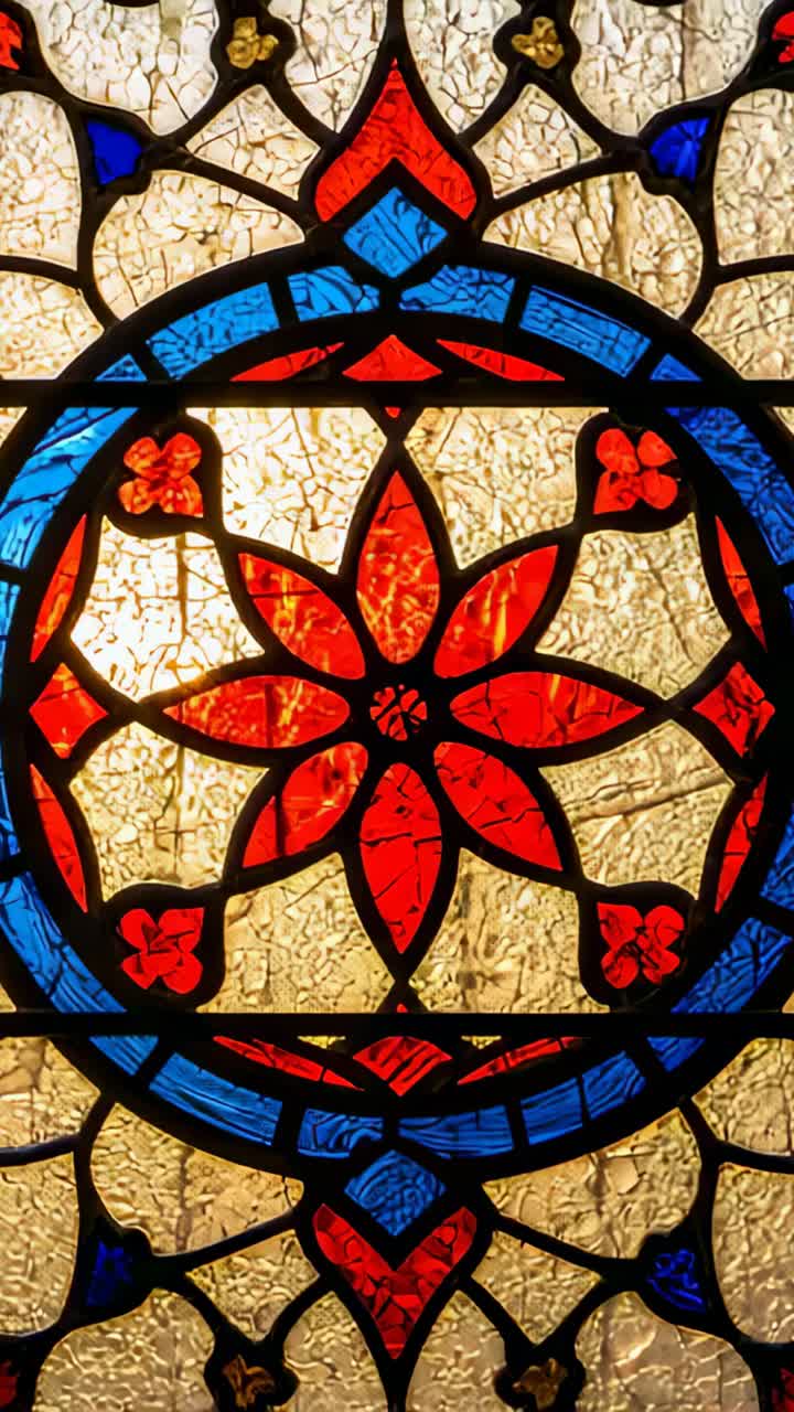 Vertical video: Playback starting camera panning stained-glass panel at window, revealing rosette