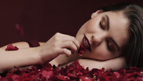 portrait beautiful caucasian woman playing with rose petals touching soft skin sensual female dreaming of intimate fantasy romance indulging desire in red valentines day concept