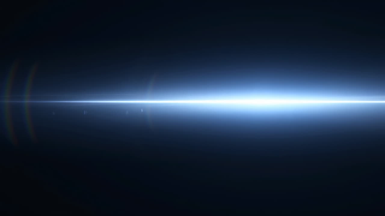 Striscia di luce orizzontale brillante nell'oscurità, prospettiva dalla cabina di pilotaggio di un'astronave per il pilota, bagliore graduale.