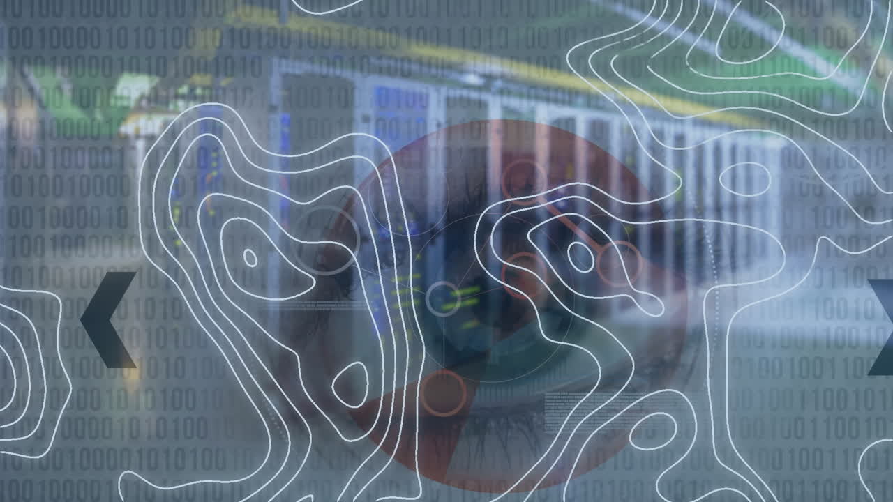 Animation of white lines, woman's blue eye and binary coding data processing