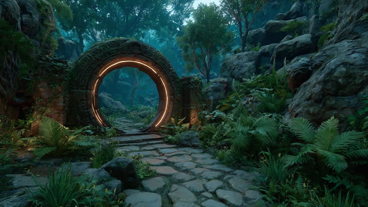 A Mystical Portal Surrounded by Lush Greenery and Ancient Stones in an Enchanted Forest Landscape, Inviting Exploration and Adventure Beyond the Gateway