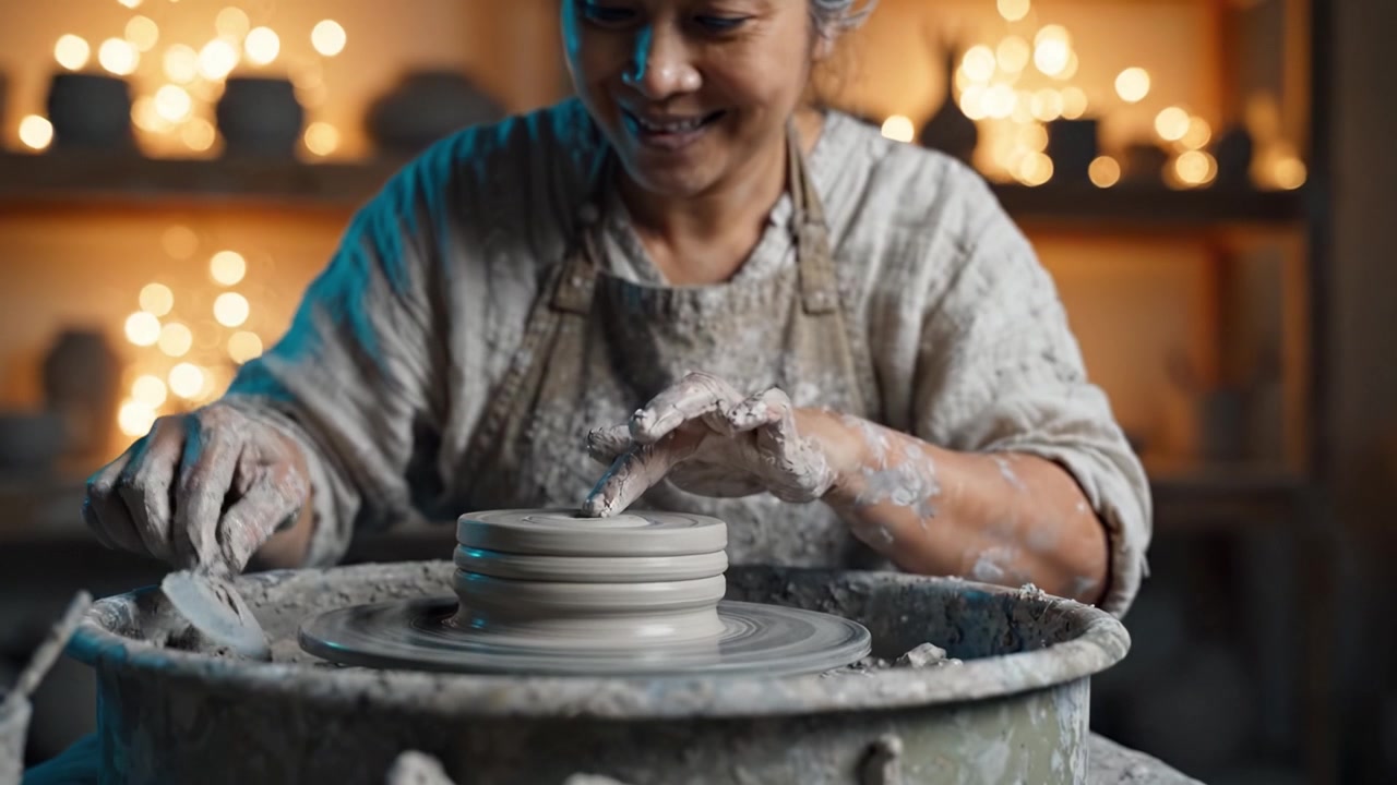 Un'abile artigiana crea splendide ceramiche al tornio, mostrando la sua maestria e gioia mentre modella l'argilla in forme squisite in uno studio illuminato calorosamente