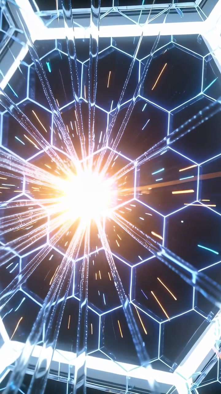 Video verticale: Accensione del nucleo centrale che emette scie di particelle all'interno di una cupola esagonale che alimenta un reattore.