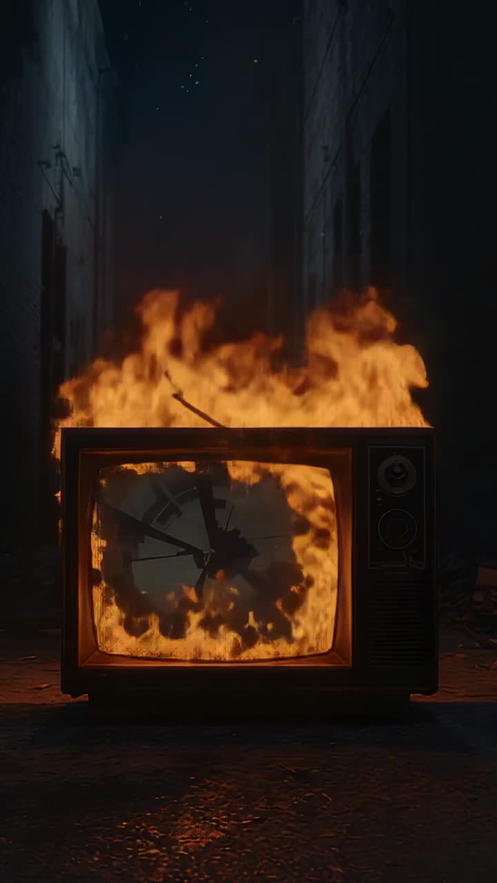 Vertical video: Flickering embers igniting flames burning CRT TV set in alley, with cracking screen