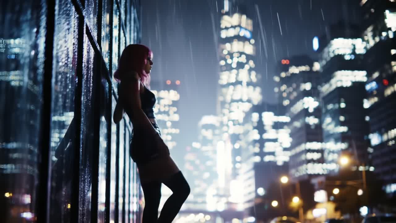 Reflective Urban Nightscape: A Captivating Scene of a Stylish Individual Against a Backdrop of Rainy City Lights in a Neon-Infused Metropolis