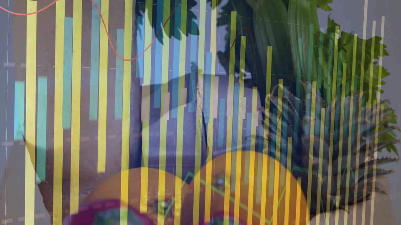 Multicolored bars fading in after first frame, sweeping over fruit cluster to show audio levels