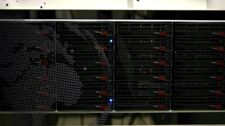 Server rack showing faint left reflection, tech leaning and checking drives for status LED blinking