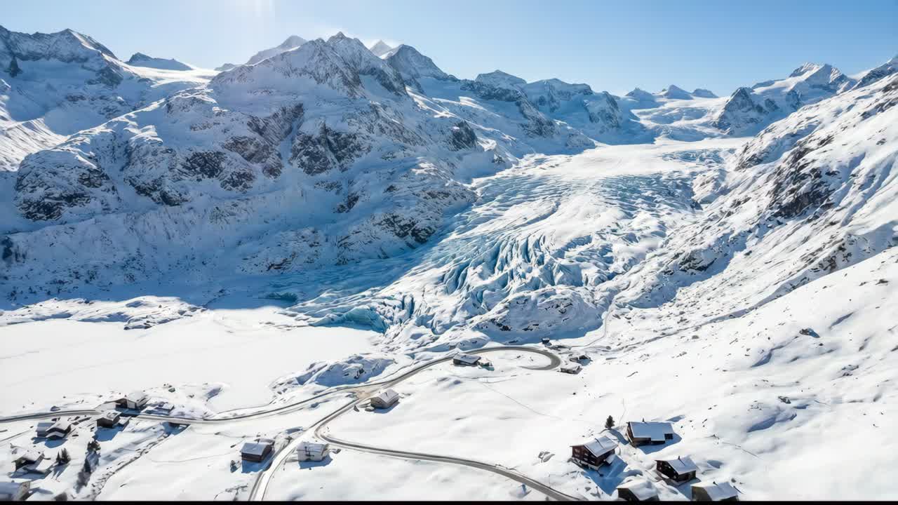Aerial view of a glacier in the mountains during winter