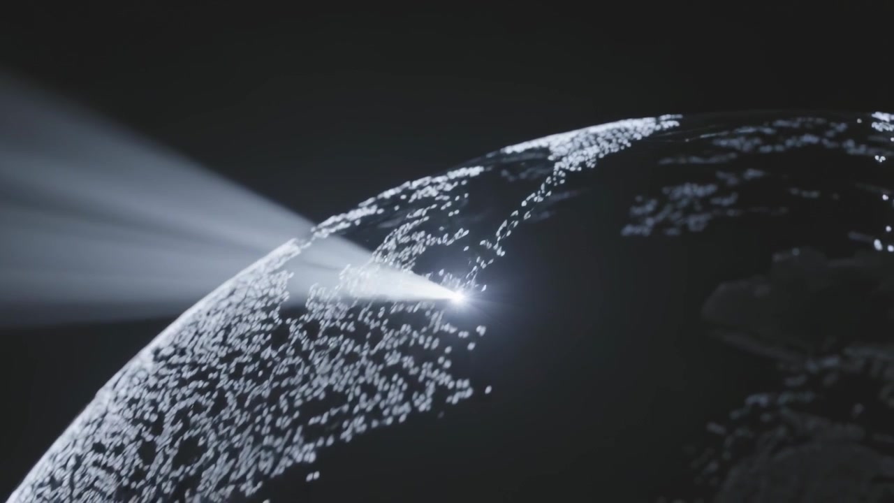 Showing stylized globe, bright flare appearing, emitting conical beams across space, tracing nodes