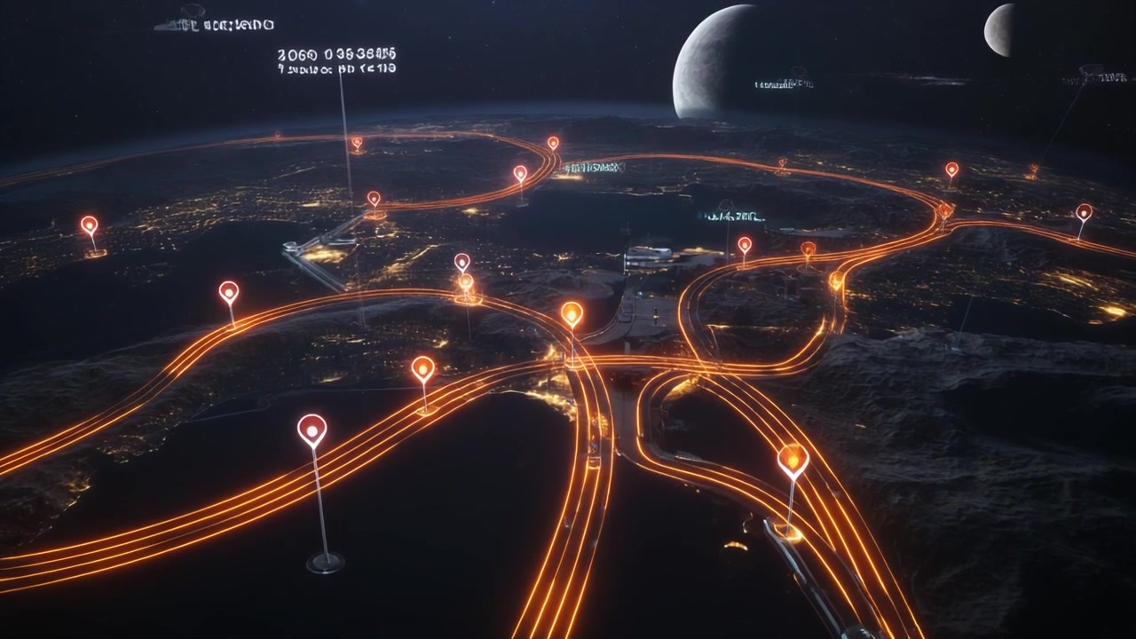 Mappa digitale futuristica con sovrapposizione dell'infrastruttura cittadina e del flusso di traffico