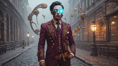 steampunk cyborg gentleman with glowing eyes on a cobblestone street
