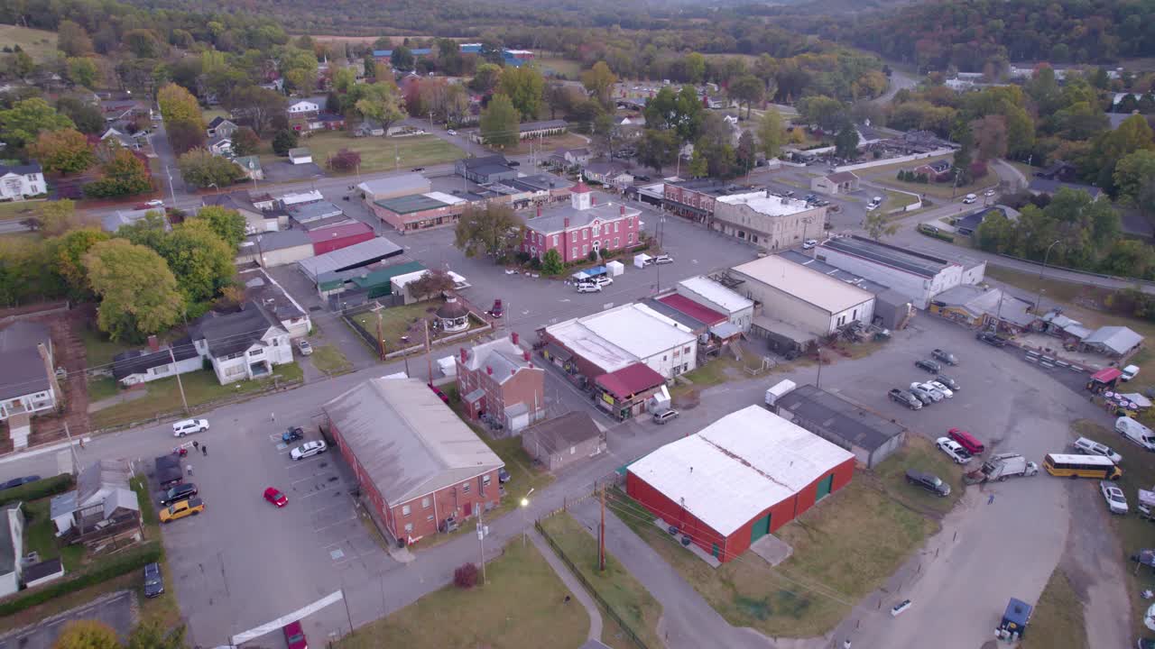 Aerial establishing shot of the city hall in Lynchburg, TN