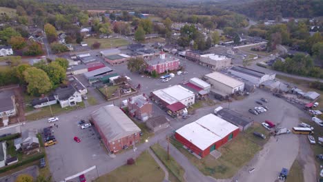 aerial establishing shot of the city hall in lynchburg, tn