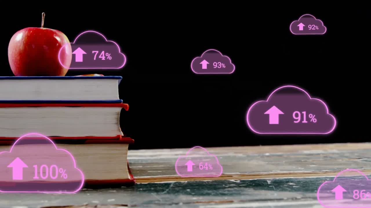 animación de una pila de libros sobre nubes púrpuras en primer plano