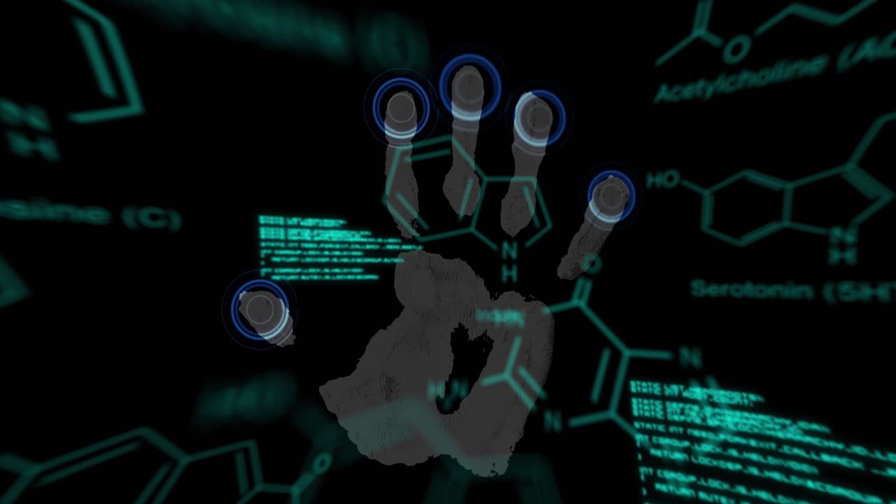 animación del procesamiento de datos sobre la huella de mano biométrica