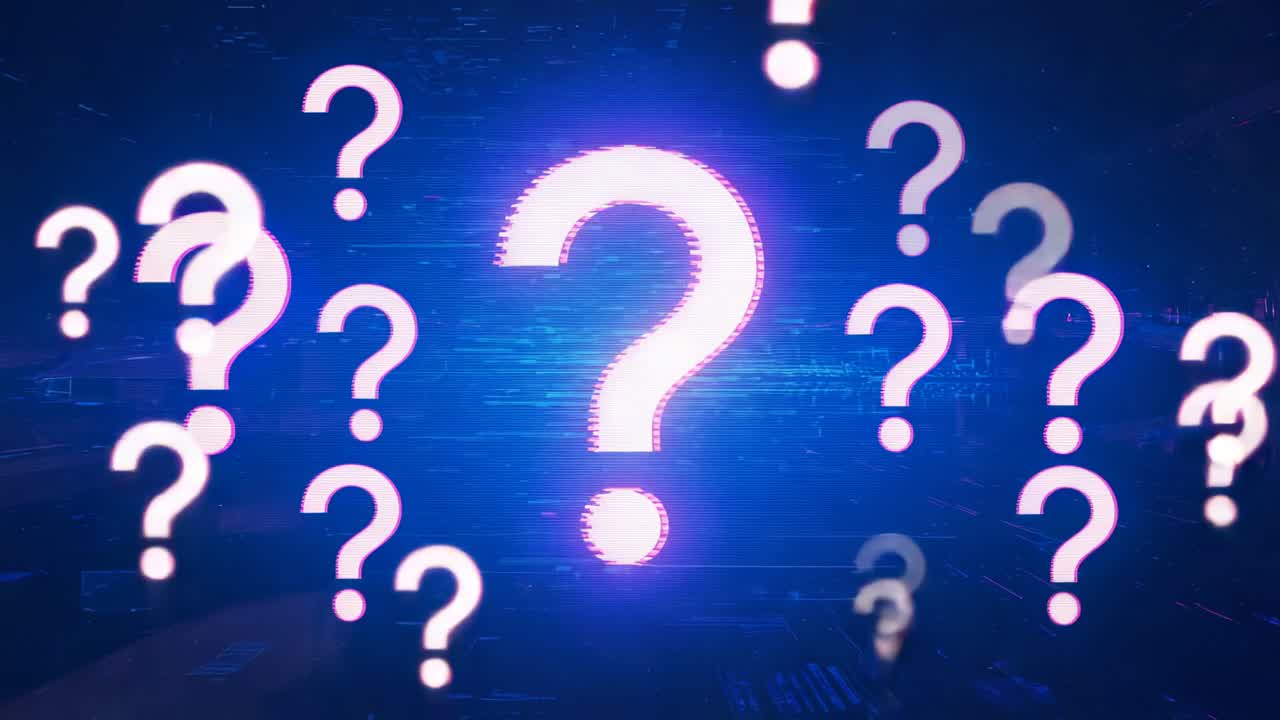 Opening glitch neon pink question mark pulsing in digital skyline, with multiplying question marks