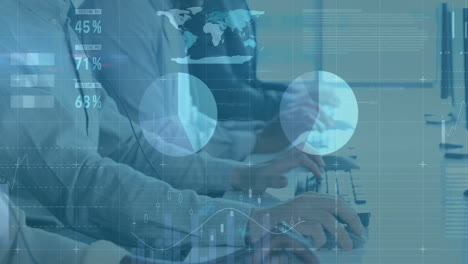 animación del procesamiento de datos financieros en diversos colegas utilizando auriculares telefónicos y computadoras