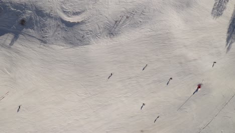 Top-down-aerial-drone-view-of-skiers-skiing-down-the-slope