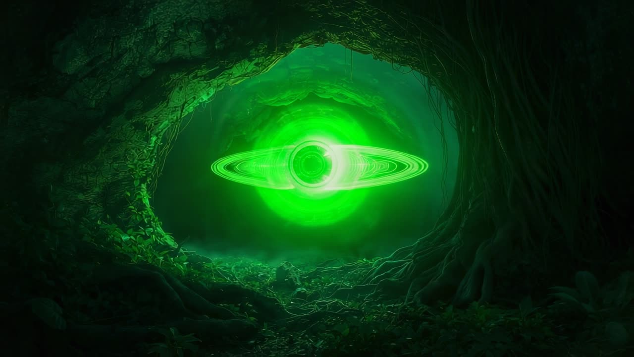 Faint green glow appearing in forest hollow, swirling into rotating energy rings, with moss roots