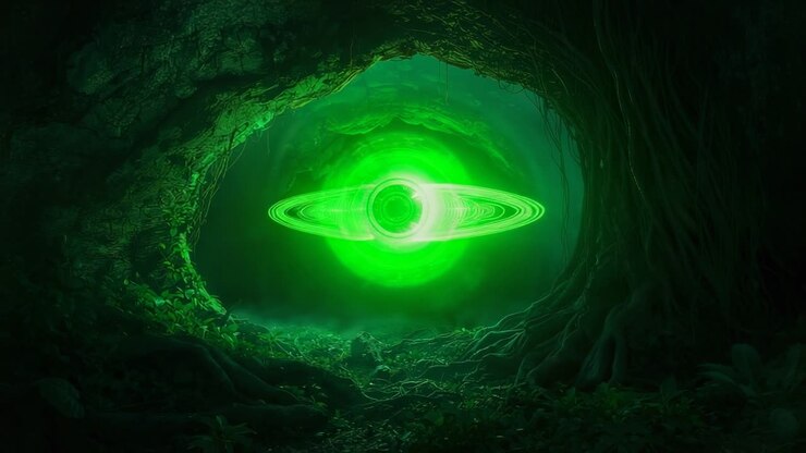 Faint green glow appearing in forest hollow, swirling into rotating energy rings, with moss roots