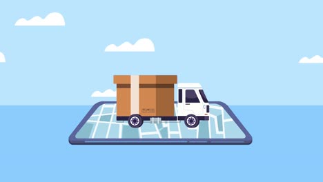 logistic service animation with truck box in smartphone