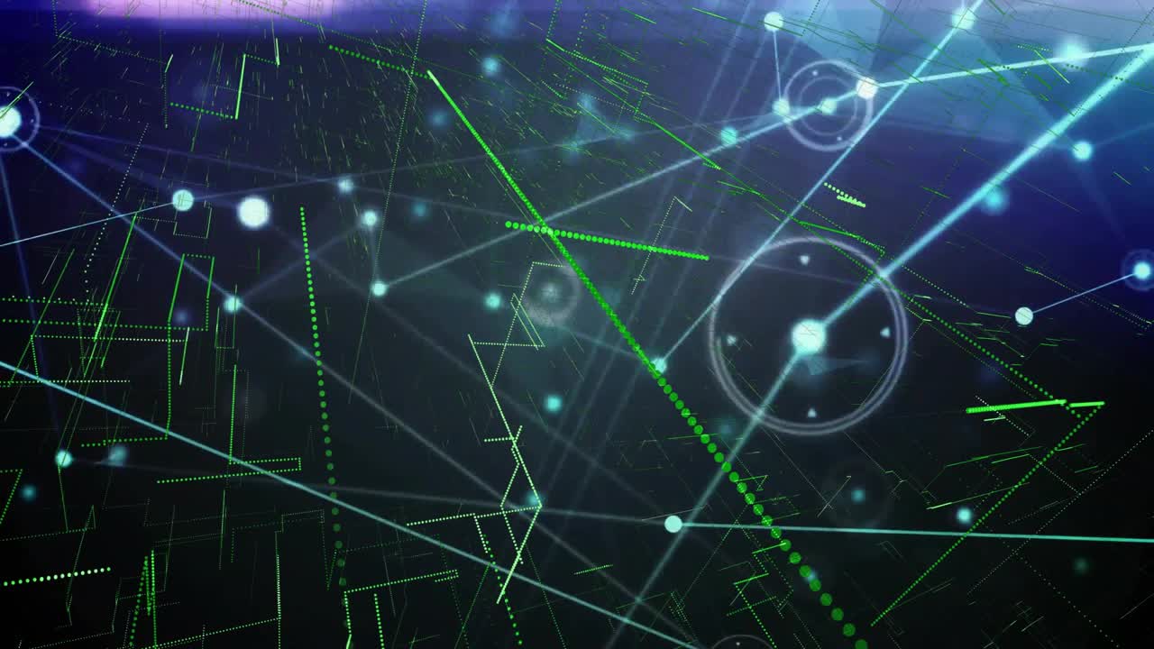 Gradient background appearing with glowing nodes initiating lines linking nodes showing green flow