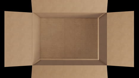 oberkopf einer leeren braunen kartonbox mit deckelöffnung auf schwarzem hintergrund