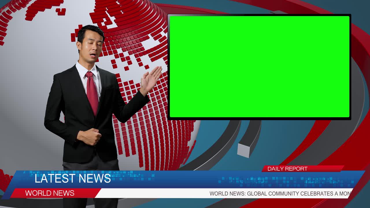 Live News Studio With Asian Male Anchor Reporting On A Story, Uses Green Chroma Key Screen Placeholder Copy Space.Television Newsroom Channel With Professional Presenter