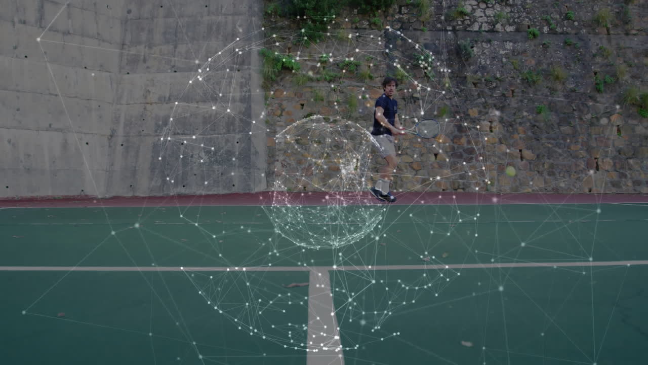 male tennis player playing backhand swing on outdoor court, overlaying technology network graphics