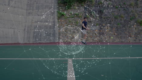 male tennis player playing backhand swing on outdoor court, overlaying technology network graphics
