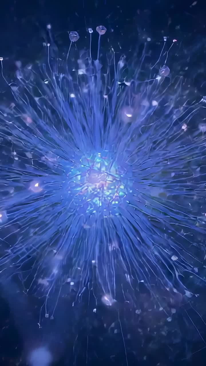 Vertical video: Pulsing central sphere in space, with filaments breathing and droplets drifting