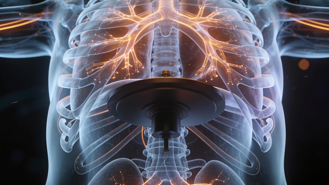 Advancing metal disk pressing lower sternum over translucent thorax, pulsing bronchi for imaging
