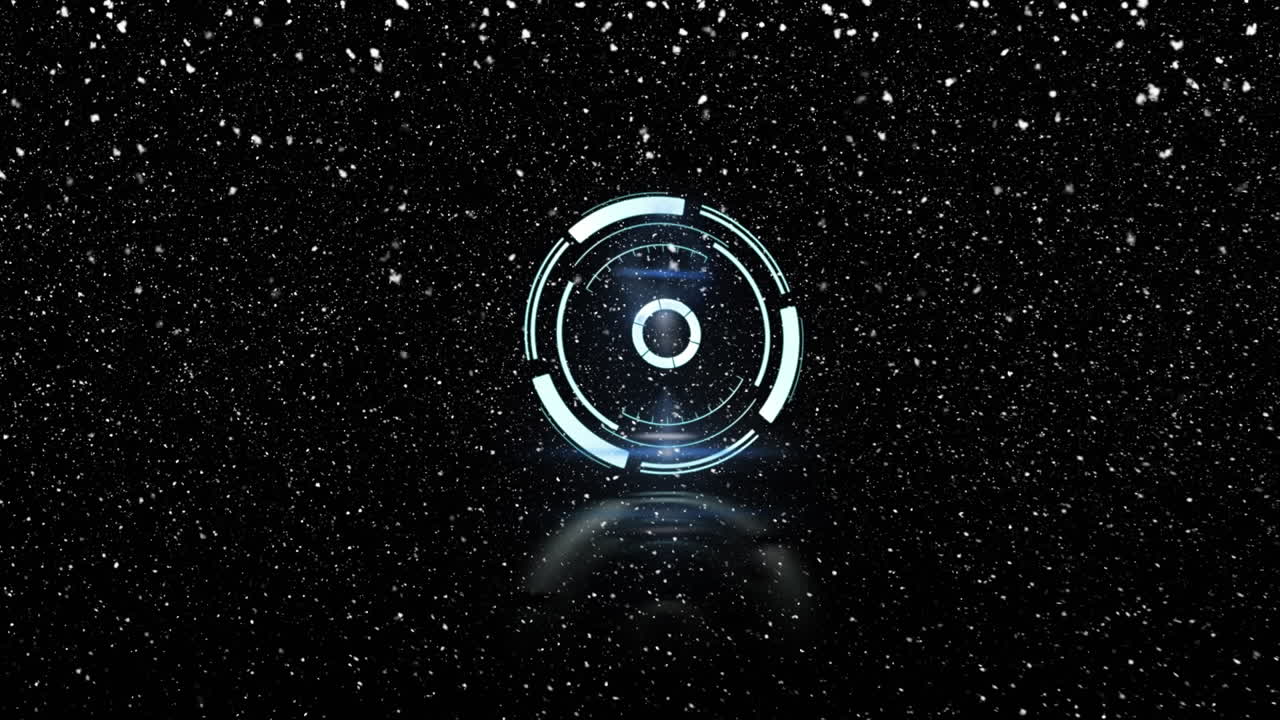 Neon blue round scanner spinning over snow falling against black background