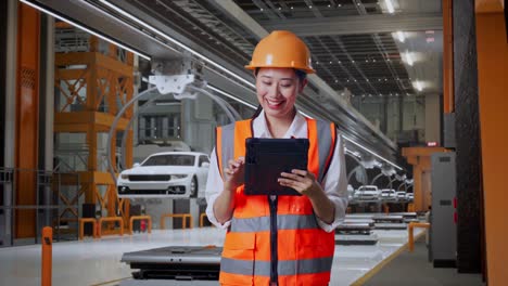 ingeniera asiática con casco de seguridad trabajando en una tableta mientras estaba de pie en una fábrica de automóviles ev