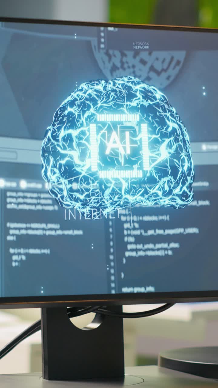 Vertical video Close up of PC screen on startup office desk showing artificial intelligence