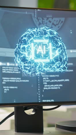 vertical video close up of pc screen on startup office desk showing artificial intelligence