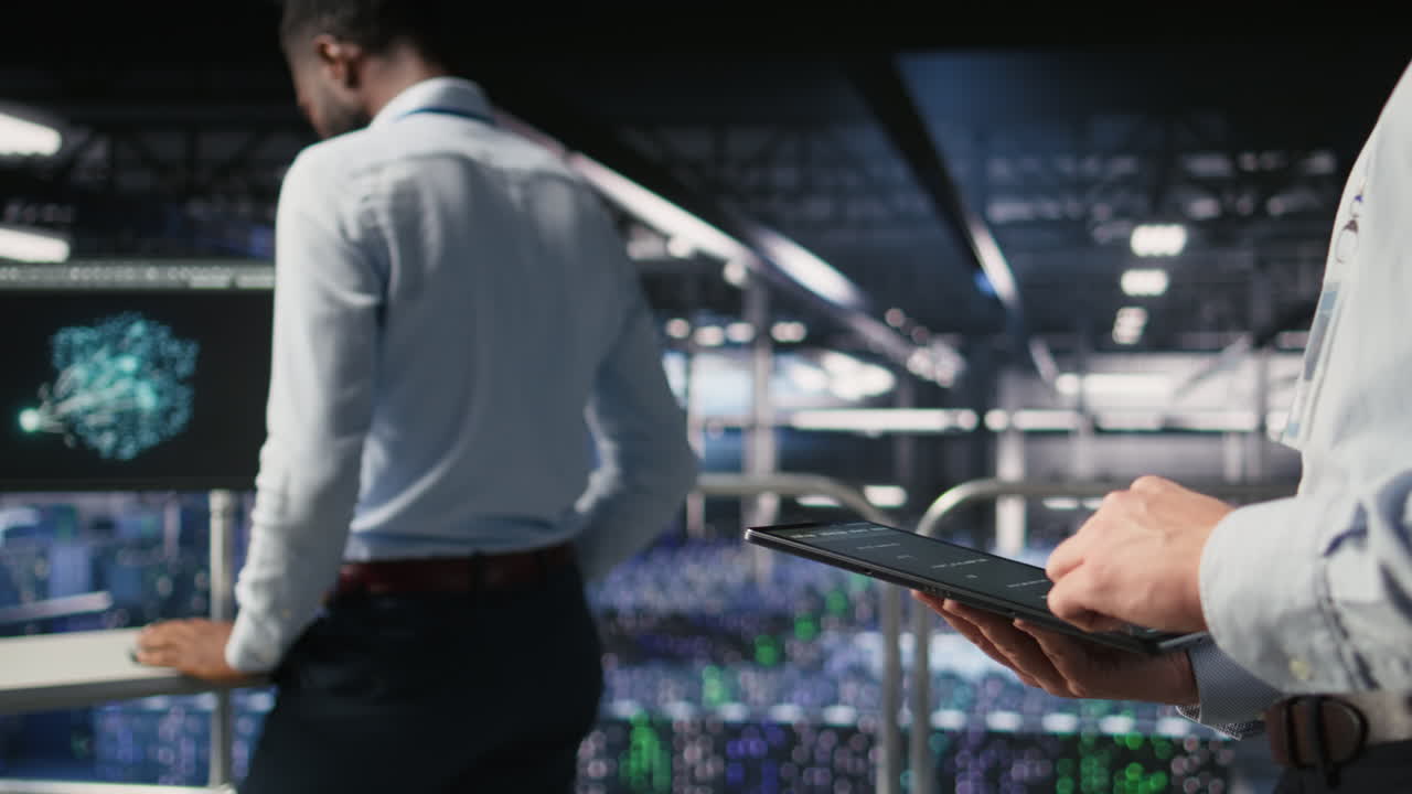 Close up of data center software developer doing maintenance tasks on tablet
