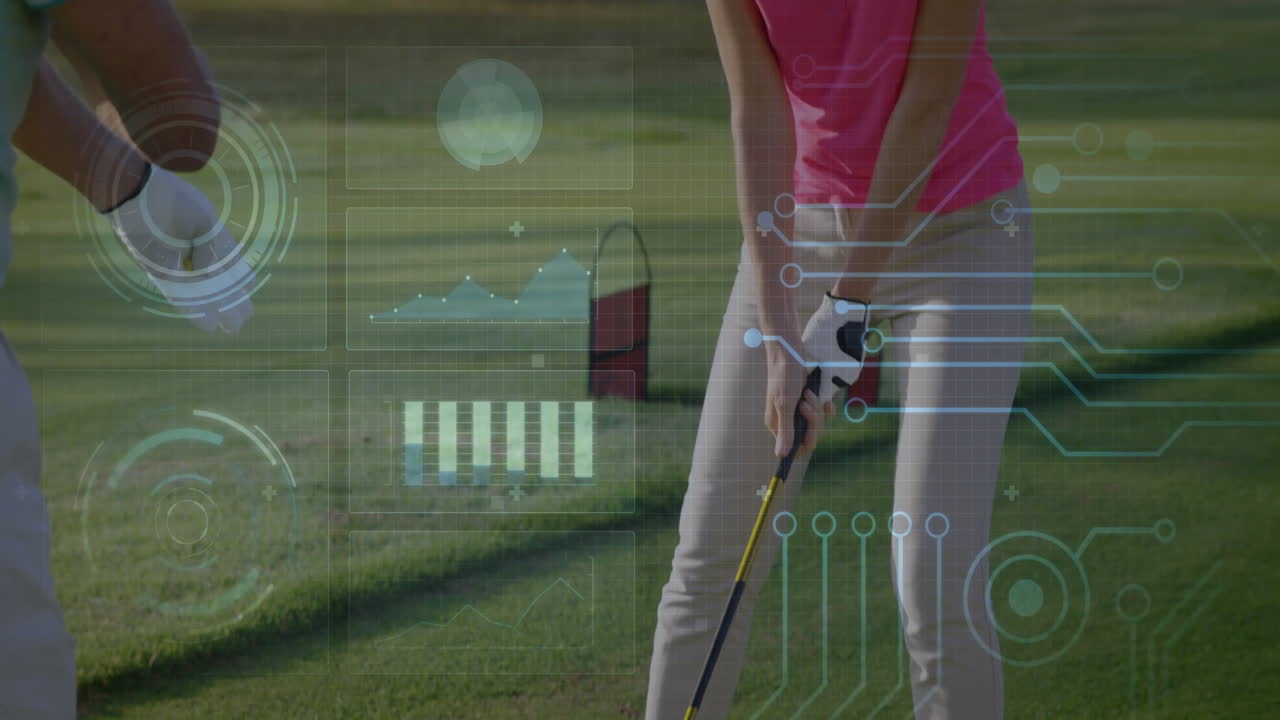 Golfer preparing swing with animated data analytics overlay on golf course