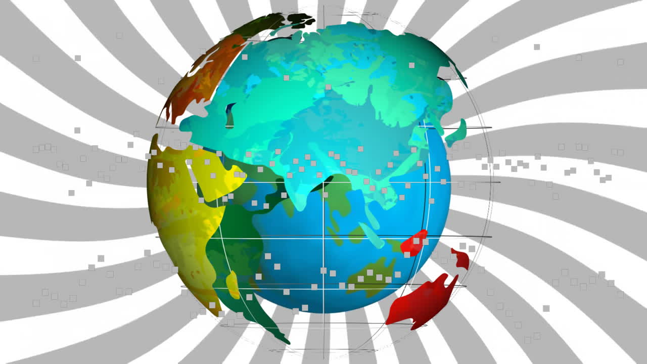 백색 배경에 있는 지구상의 점과 회색 줄무의 애니메이션