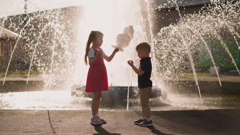 Boy-claps-hands-to-tear-cotton-candy-with-sister-in-park