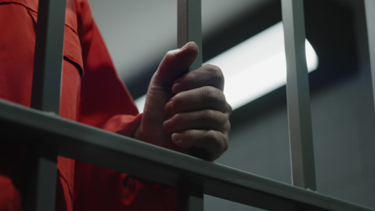 un empleado de la prisión encierra a un criminal en una celda de la cárcel.