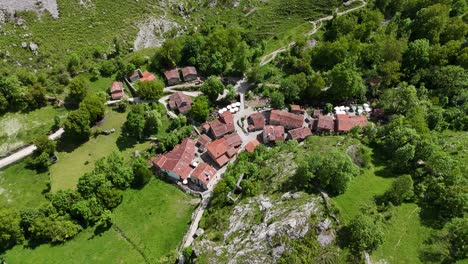 Bulnes-mountain-village-Picos-de-Europa,-Spain-Overhead-birds-eye-drone-aerial-view