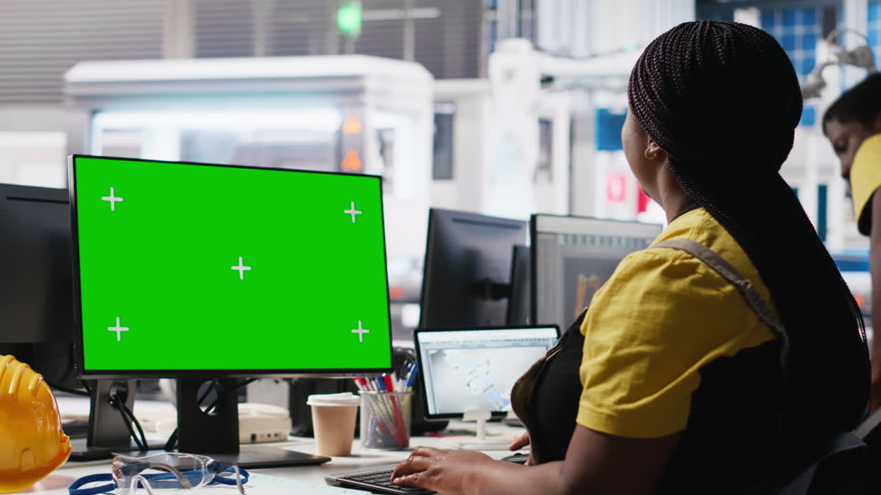 Sort kvinde arbejder på solcellefabrik og bruger ledig plads på pc