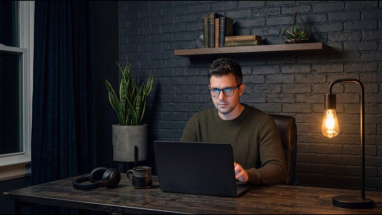 Sviluppatore software che lavora a tarda notte al laptop nel suo ufficio domestico.