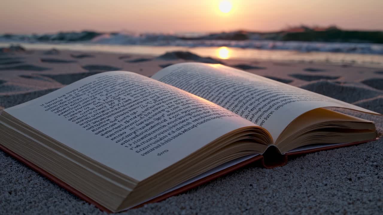 Video ravvicinato di un libro aperto su una spiaggia sabbiosa al tramonto
