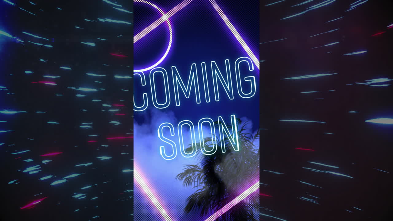Animation of neon Coming Soon text with palm trees and futuristic light streaks